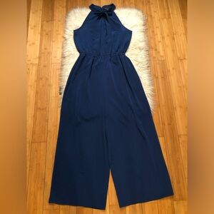 Maggy London Halter Neck Bow Tie Wide Leg Sleeveless Navy Blue Jumpsuit size 10